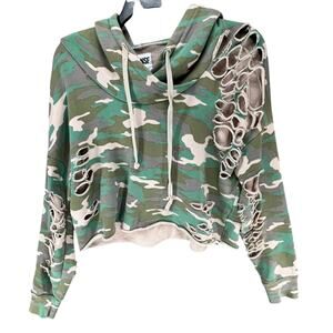 NSF Hoodie Womens M Green‎ Camo Distressed Holes Cropped Sweatshirt USA Grunge